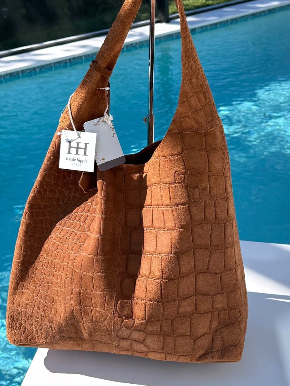 🔥NWT Haute Hippie Festival Croc embossed tan Suede Leather Shoulder Hobo Bag
